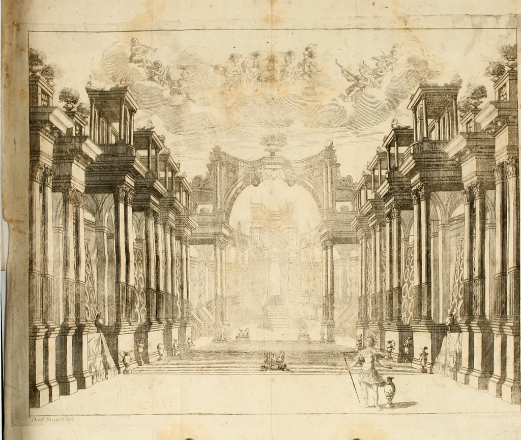 An illustration from Il favore de gli dei : drama fantastico musicale, fatto rappresentare dal serenissimo sig. duca di Parma nel suo Gran Teatro per le felicissime nozze del serenissimo sig. principe Odoardo suo primo genito con la serenissima signora principessa Dorotea Sofia di Neoburgo, 1690, leaf 117