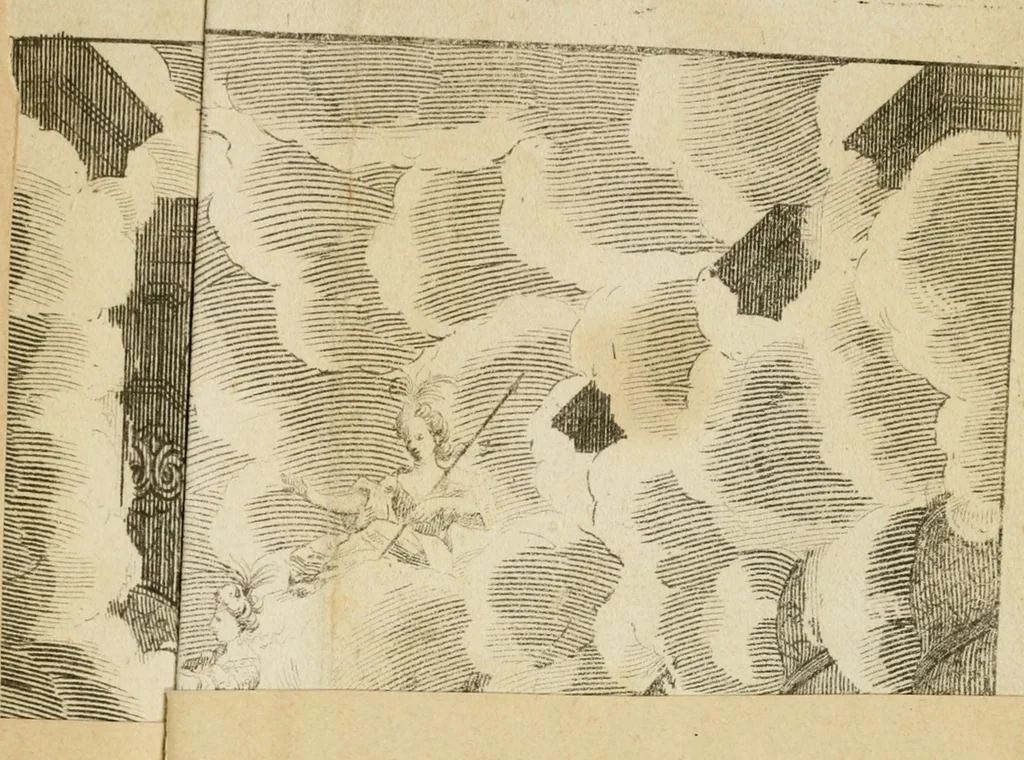 An illustration from Il favore de gli dei : drama fantastico musicale, fatto rappresentare dal serenissimo sig. duca di Parma nel suo Gran Teatro per le felicissime nozze del serenissimo sig. principe Odoardo suo primo genito con la serenissima signora principessa Dorotea Sofia di Neoburgo, 1690, leaf 12