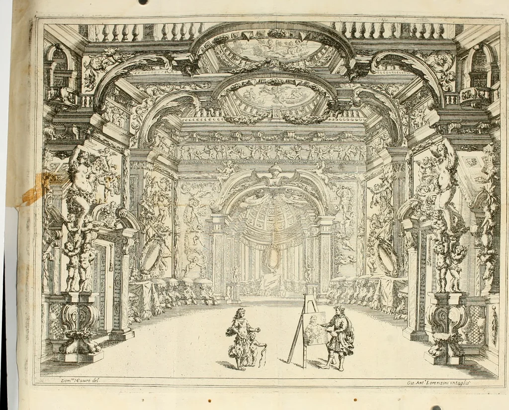 An illustration from Il favore de gli dei : drama fantastico musicale, fatto rappresentare dal serenissimo sig. duca di Parma nel suo Gran Teatro per le felicissime nozze del serenissimo sig. principe Odoardo suo primo genito con la serenissima signora principessa Dorotea Sofia di Neoburgo, 1690, leaf 125