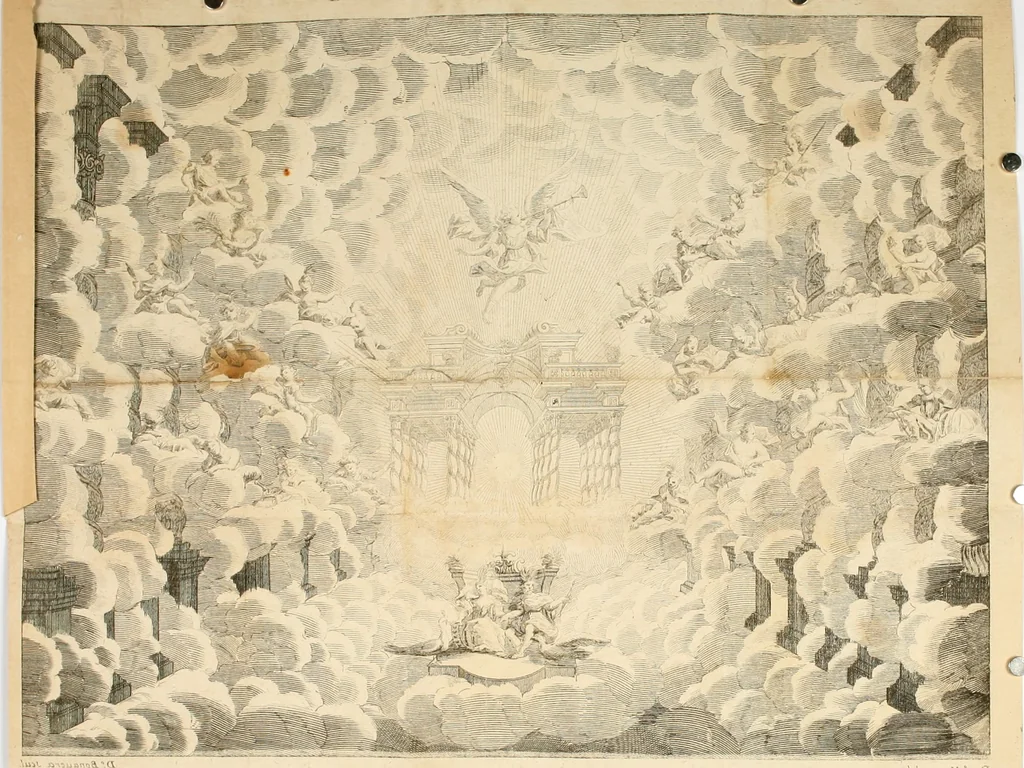 An illustration from Il favore de gli dei : drama fantastico musicale, fatto rappresentare dal serenissimo sig. duca di Parma nel suo Gran Teatro per le felicissime nozze del serenissimo sig. principe Odoardo suo primo genito con la serenissima signora principessa Dorotea Sofia di Neoburgo, 1690, leaf 13