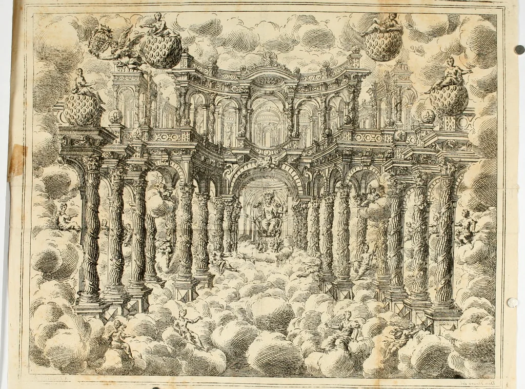 An illustration from Il favore de gli dei : drama fantastico musicale, fatto rappresentare dal serenissimo sig. duca di Parma nel suo Gran Teatro per le felicissime nozze del serenissimo sig. principe Odoardo suo primo genito con la serenissima signora principessa Dorotea Sofia di Neoburgo, 1690, leaf 23