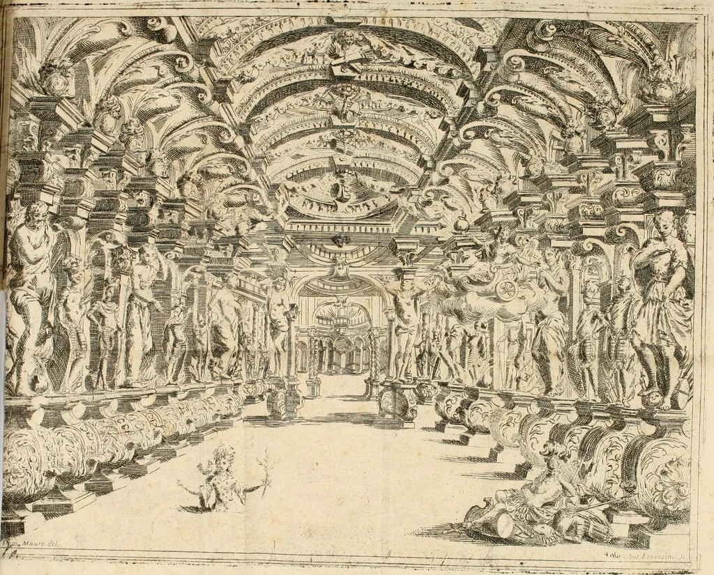 An illustration from Il favore de gli dei : drama fantastico musicale, fatto rappresentare dal serenissimo sig. duca di Parma nel suo Gran Teatro per le felicissime nozze del serenissimo sig. principe Odoardo suo primo genito con la serenissima signora principessa Dorotea Sofia di Neoburgo, 1690, leaf 37