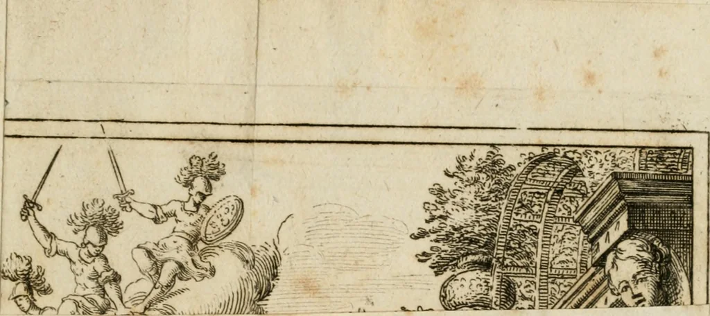 An illustration from Il favore de gli dei : drama fantastico musicale, fatto rappresentare dal serenissimo sig. duca di Parma nel suo Gran Teatro per le felicissime nozze del serenissimo sig. principe Odoardo suo primo genito con la serenissima signora principessa Dorotea Sofia di Neoburgo, 1690, leaf 60