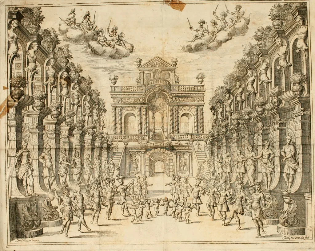 An illustration from Il favore de gli dei : drama fantastico musicale, fatto rappresentare dal serenissimo sig. duca di Parma nel suo Gran Teatro per le felicissime nozze del serenissimo sig. principe Odoardo suo primo genito con la serenissima signora principessa Dorotea Sofia di Neoburgo, 1690, leaf 61