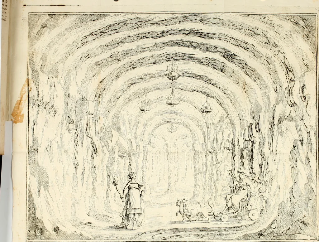 An illustration from Il favore de gli dei : drama fantastico musicale, fatto rappresentare dal serenissimo sig. duca di Parma nel suo Gran Teatro per le felicissime nozze del serenissimo sig. principe Odoardo suo primo genito con la serenissima signora principessa Dorotea Sofia di Neoburgo, 1690, leaf 69