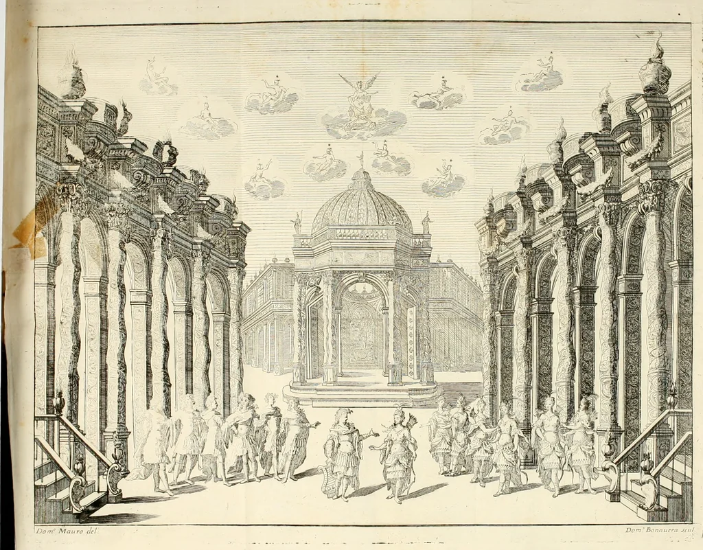 An illustration from Il favore de gli dei : drama fantastico musicale, fatto rappresentare dal serenissimo sig. duca di Parma nel suo Gran Teatro per le felicissime nozze del serenissimo sig. principe Odoardo suo primo genito con la serenissima signora principessa Dorotea Sofia di Neoburgo, 1690, leaf 87