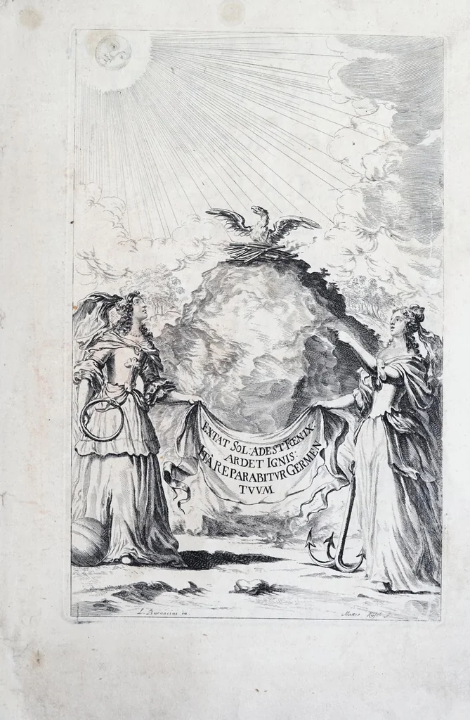 An illustration from Il fvoco eterno cvstodito dalle vestali : drama musicale per la felicissima nascita della sereniss. archidvchessa Anna Maria, figlia delle S.S. C.C. R.R. MM. dell' imperatore Leopoldo, e della imperatrice Clavdia Felice : et all medesime M.M. consacrato, 1674, leaf 5
