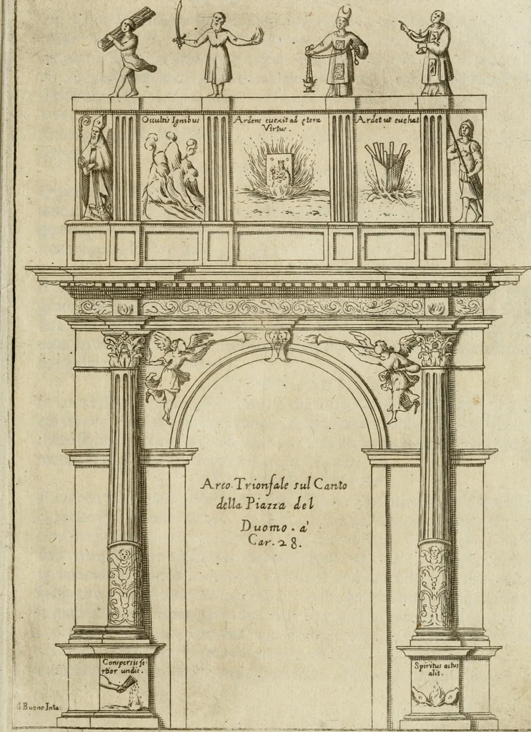 An illustration from Il fvoco trionfante : racconto della traslatione della miracolo.a imagine detta la Madõna del fvoco, protettrice della città di Forli, solenizzata da essa città sotto li xx. di ottobre M.D.C.XXXVI, 1637, leaf 40