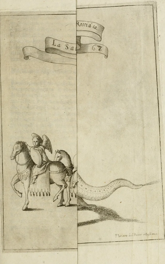 An illustration from Il fvoco trionfante : racconto della traslatione della miracolo.a imagine detta la Madõna del fvoco, protettrice della città di Forli, solenizzata da essa città sotto li xx. di ottobre M.D.C.XXXVI, 1637, leaf 96