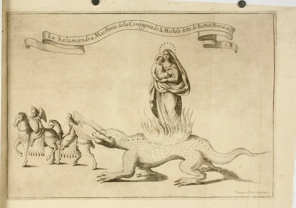 An illustration from Il fvoco trionfante : racconto della traslatione della miracolo.a imagine detta la Madõna del fvoco, protettrice della città di Forli, solenizzata da essa città sotto li xx. di ottobre M.D.C.XXXVI, 1637, leaf 97
