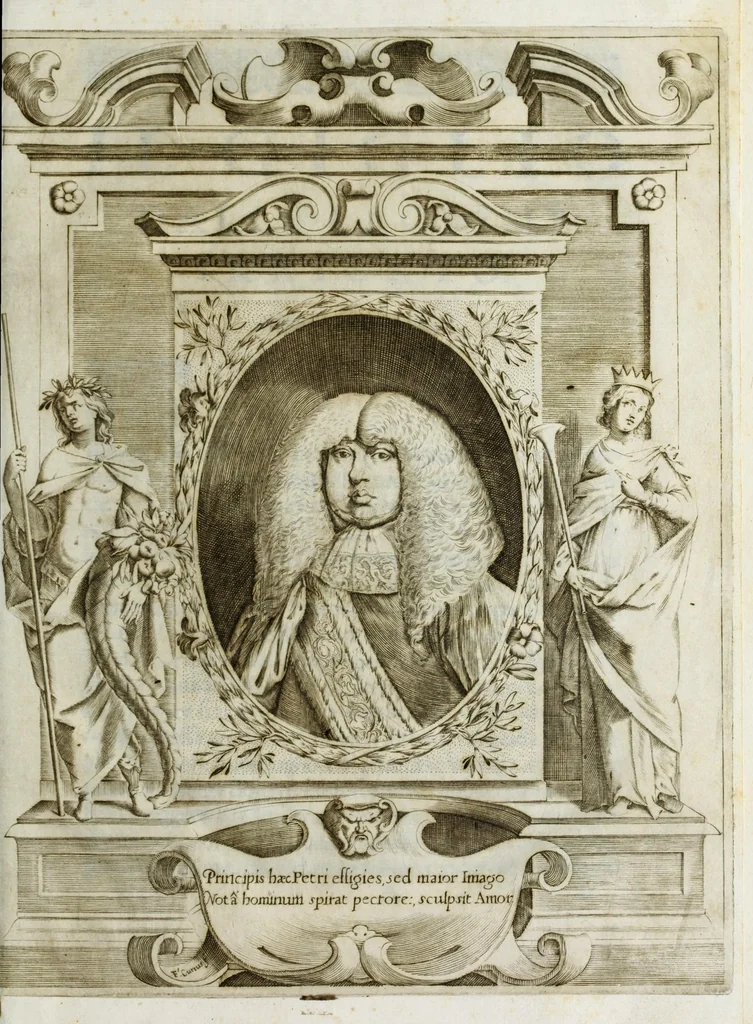 An illustration from Il giglio irrigato dalle lagrime : orazione detta da Pomponio Becchetti, rettore del Collegio Ancarano, e varie poesie recitate nell' Accademia funebre auutasi nel medesimo Collegio per la morte del sereniss. principe Pietro Farnese, 1677, leaf 15