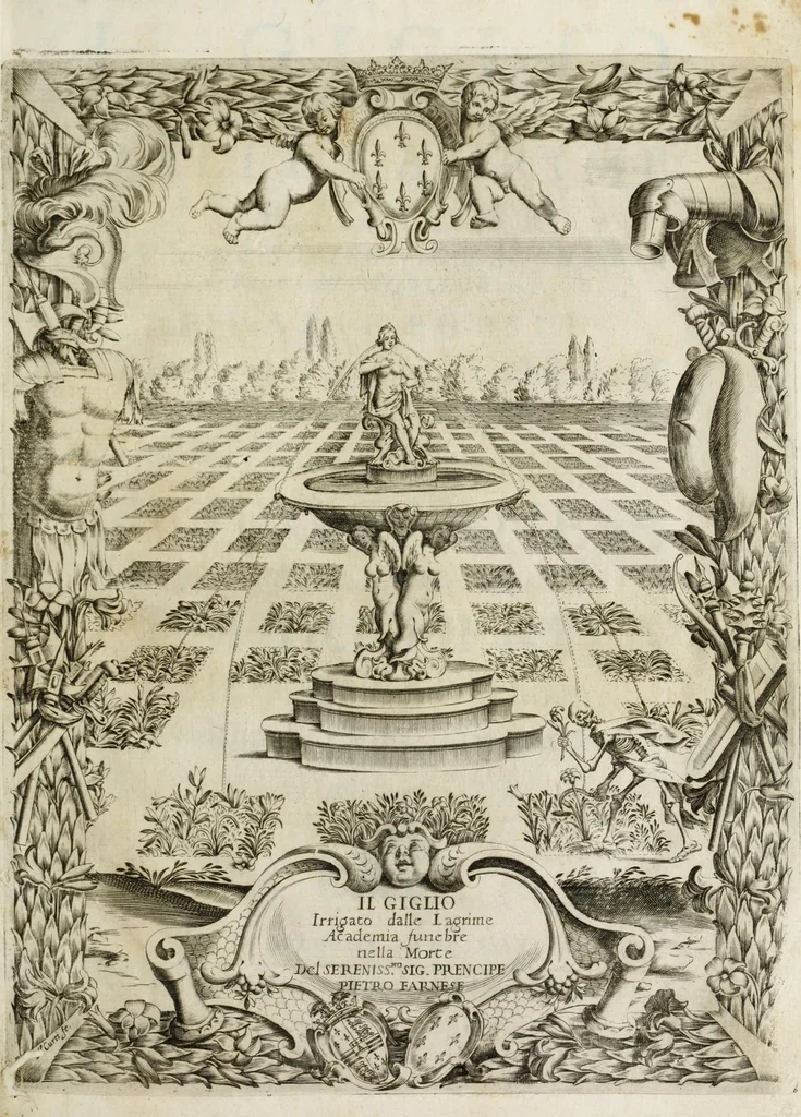 An illustration from Il giglio irrigato dalle lagrime : orazione detta da Pomponio Becchetti, rettore del Collegio Ancarano, e varie poesie recitate nell' Accademia funebre auutasi nel medesimo Collegio per la morte del sereniss. principe Pietro Farnese, 1677, leaf 7
