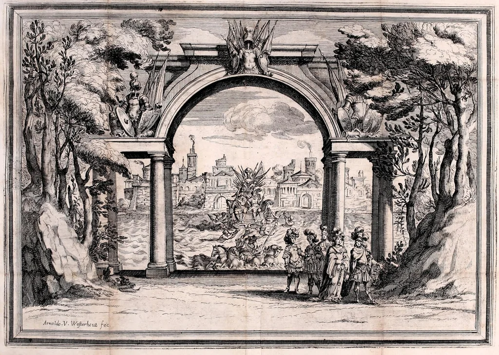An illustration from Il Greco in Troia, festa teatrale rappresentata in Firenze per le nozze de' serenissimi sposi Ferdinando terzo principe di Toscana, e Violante Beatrice principessa di Baviera, 1688, leaf 55