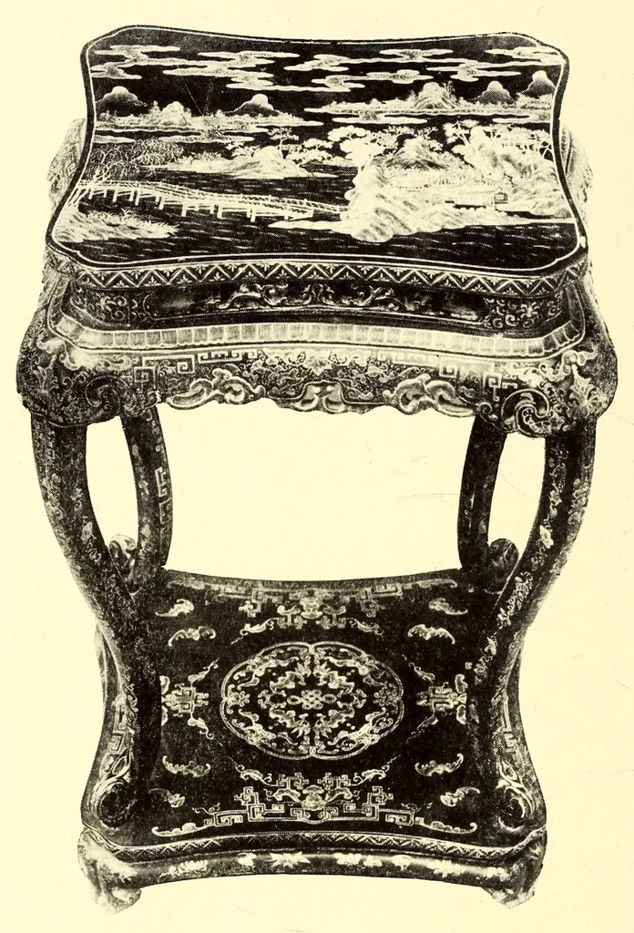 An illustration from Illustrated catalogue of the furniture and embellishments from the Imperial palace, Pekin. Exquisitely wrought gold ornaments from the ceremonial crowns of the former Emperor and Empress of China and numerous other objects of antiquity and distinctive artistic excellence recently : Acquired by the firm of Messrs. Yamanaka & Company, 1917, leaf 110