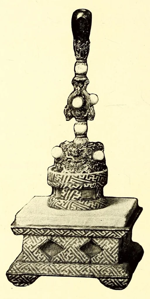 An illustration from Illustrated catalogue of the furniture and embellishments from the Imperial palace, Pekin. Exquisitely wrought gold ornaments from the ceremonial crowns of the former Emperor and Empress of China and numerous other objects of antiquity and distinctive artistic excellence recently : Acquired by the firm of Messrs. Yamanaka & Company, 1917, leaf 32