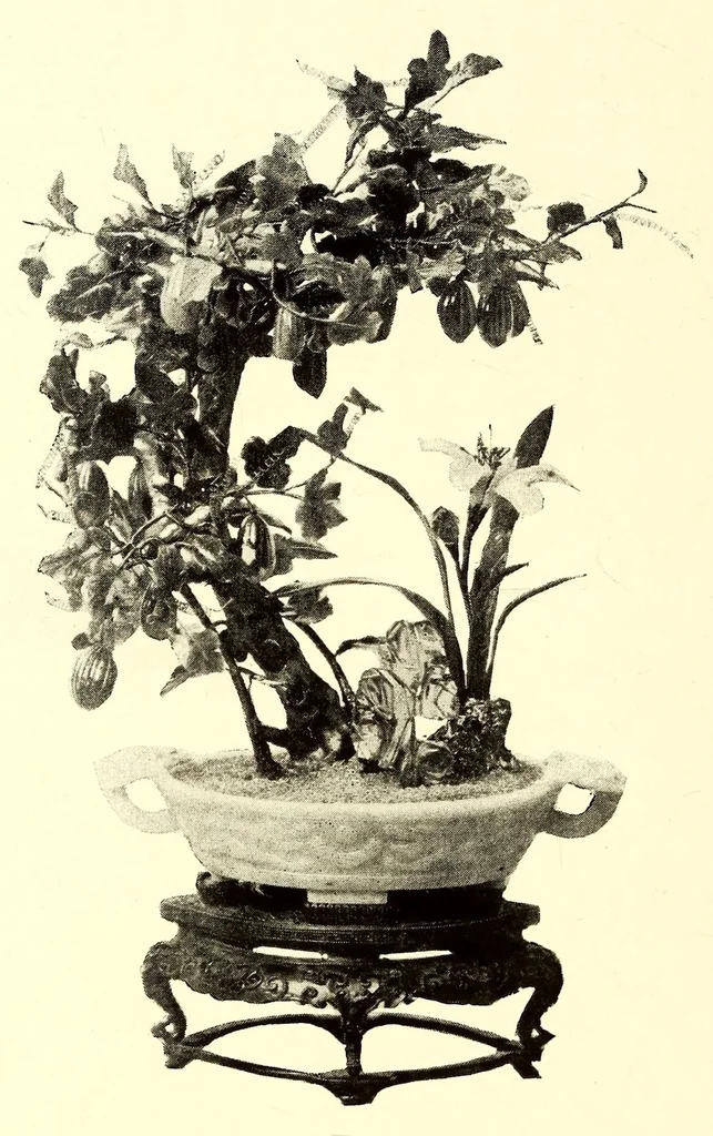 An illustration from Illustrated catalogue of the furniture and embellishments from the Imperial palace, Pekin. Exquisitely wrought gold ornaments from the ceremonial crowns of the former Emperor and Empress of China and numerous other objects of antiquity and distinctive artistic excellence recently : Acquired by the firm of Messrs. Yamanaka & Company, 1917, leaf 46