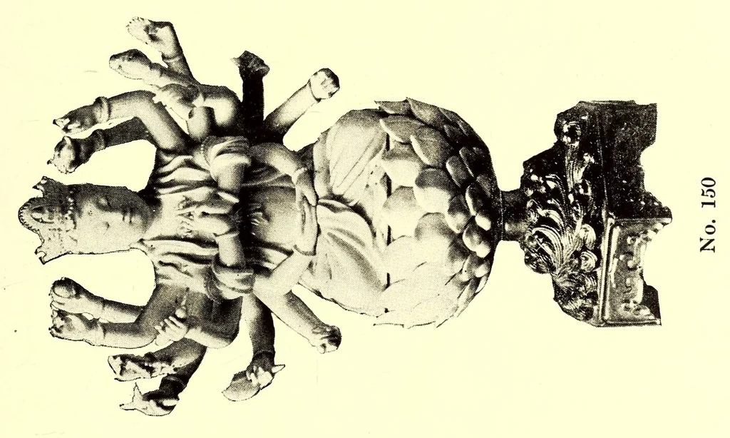 An illustration from Illustrated catalogue of the furniture and embellishments from the Imperial palace, Pekin. Exquisitely wrought gold ornaments from the ceremonial crowns of the former Emperor and Empress of China and numerous other objects of antiquity and distinctive artistic excellence recently : Acquired by the firm of Messrs. Yamanaka & Company, 1917, leaf 77