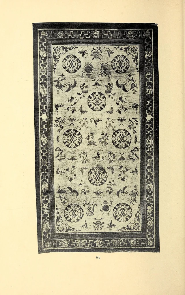 An illustration from Illustrated catalogue of beautiful old Chinese rugs of the imperial Ch'ien-Lung and earlier periods : personally selected from a recent direct consignment from China and catalogued by the well-known expert Mr. John Getz, 1910, leaf 56