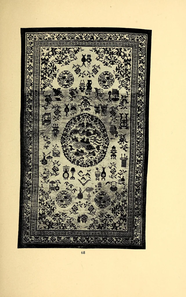 An illustration from Illustrated catalogue of beautiful old Chinese rugs of the imperial Ch'ien-Lung and earlier periods : personally selected from a recent direct consignment from China and catalogued by the well-known expert Mr. John Getz, 1910, leaf 63