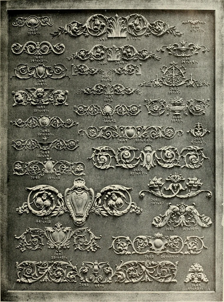 An illustration from Illustrated catalogue of period ornaments cast in composition and wood fibre for woodwork-furniture, 1900, leaf 216