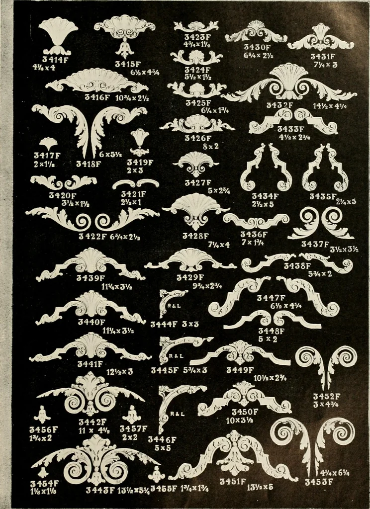 An illustration from Illustrated catalogue of period ornaments cast in composition and wood fibre for woodwork-furniture, 1900, leaf 84