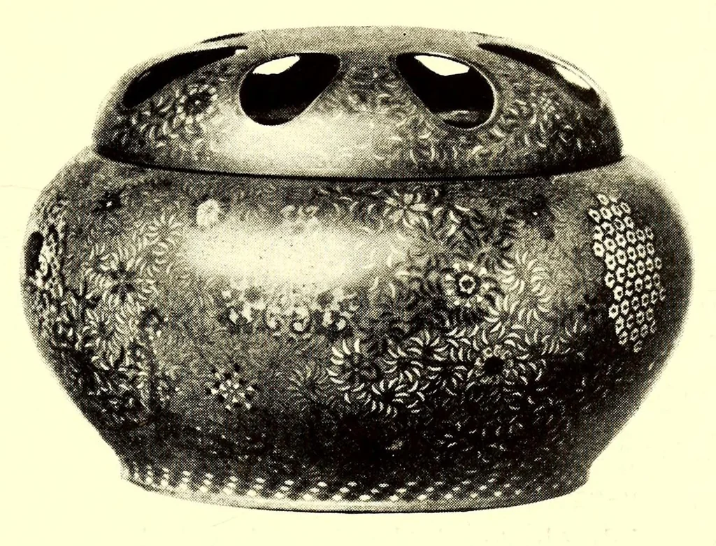 An illustration from Illustrated Catalogue of the Noteworthy Collection of Cloisonne and Other Enamels, Old Japanese Bronzes, Sword Guards, Knife Handles, Swords, Lacquers and Fine Old Brocades : belonging to Dr. Alfred Owre of Minneapolis, 1917, leaf 107