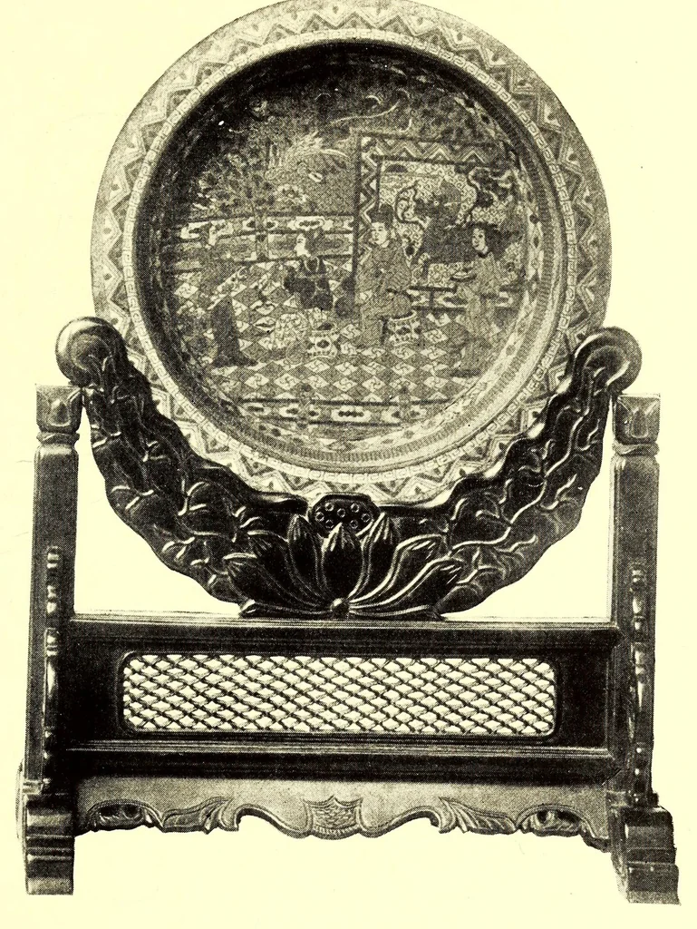 An illustration from Illustrated Catalogue of the Noteworthy Collection of Cloisonne and Other Enamels, Old Japanese Bronzes, Sword Guards, Knife Handles, Swords, Lacquers and Fine Old Brocades : belonging to Dr. Alfred Owre of Minneapolis, 1917, leaf 133