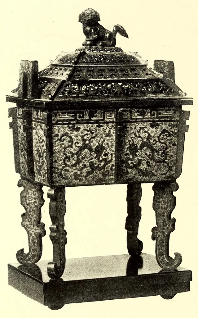 An illustration from Illustrated Catalogue of the Noteworthy Collection of Cloisonne and Other Enamels, Old Japanese Bronzes, Sword Guards, Knife Handles, Swords, Lacquers and Fine Old Brocades : belonging to Dr. Alfred Owre of Minneapolis, 1917, leaf 146