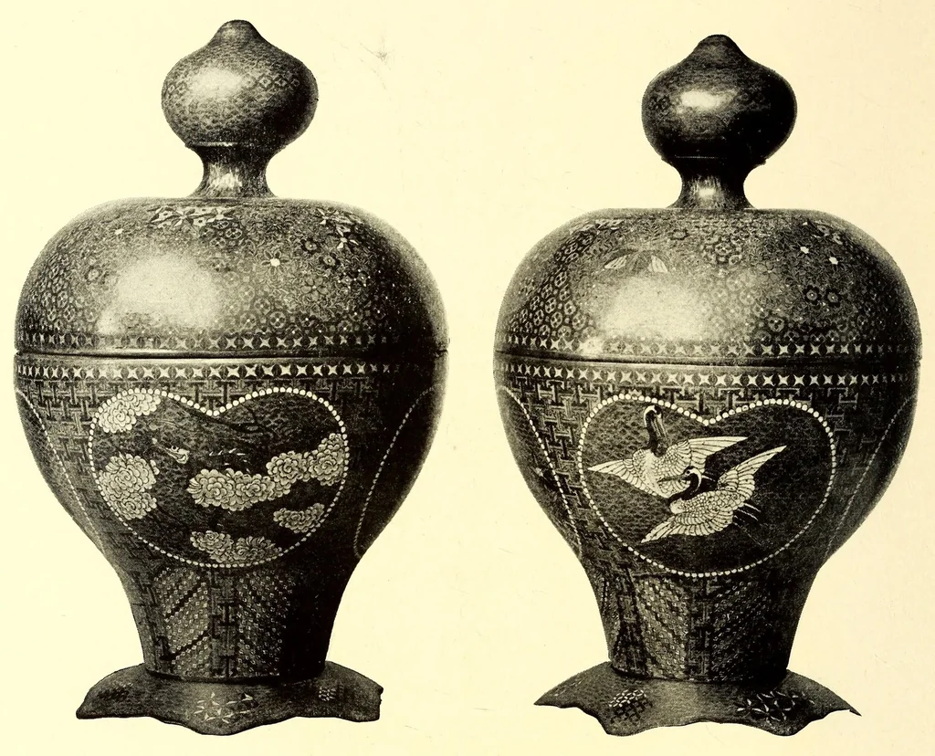 An illustration from Illustrated Catalogue of the Noteworthy Collection of Cloisonne and Other Enamels, Old Japanese Bronzes, Sword Guards, Knife Handles, Swords, Lacquers and Fine Old Brocades : belonging to Dr. Alfred Owre of Minneapolis, 1917, leaf 152