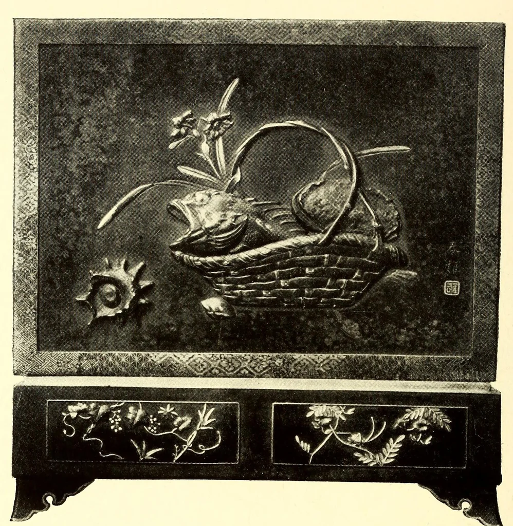 An illustration from Illustrated Catalogue of the Noteworthy Collection of Cloisonne and Other Enamels, Old Japanese Bronzes, Sword Guards, Knife Handles, Swords, Lacquers and Fine Old Brocades : belonging to Dr. Alfred Owre of Minneapolis, 1917, leaf 176