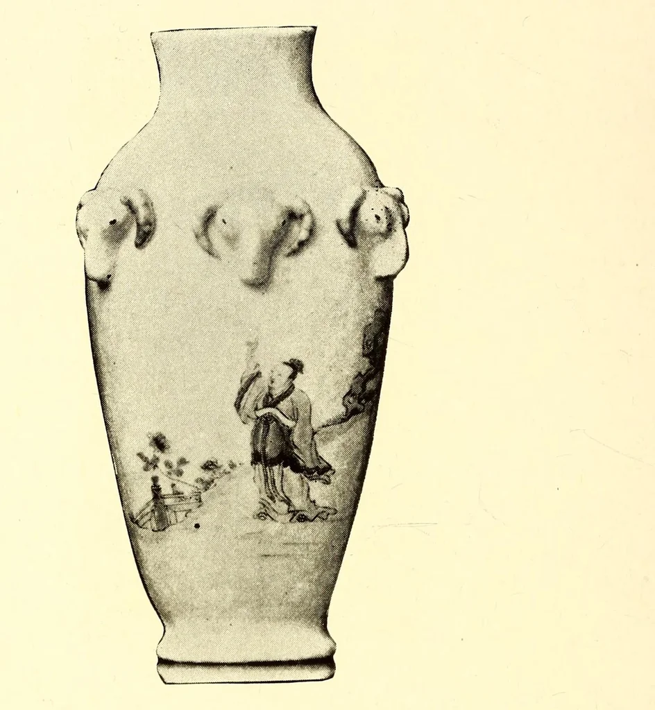 An illustration from Illustrated catalogue of the important collection of antique Chinese porcelains, Sung and Ming potteries, ancient stone sculptures carved jades and other hard stones snuf bottles, Mandarin necklaces, bronzes, enamels, palace furniture and wall panels and a number of rare and fine ancient Chinese paintings of the Sung and Ming periods, 1917, leaf 104