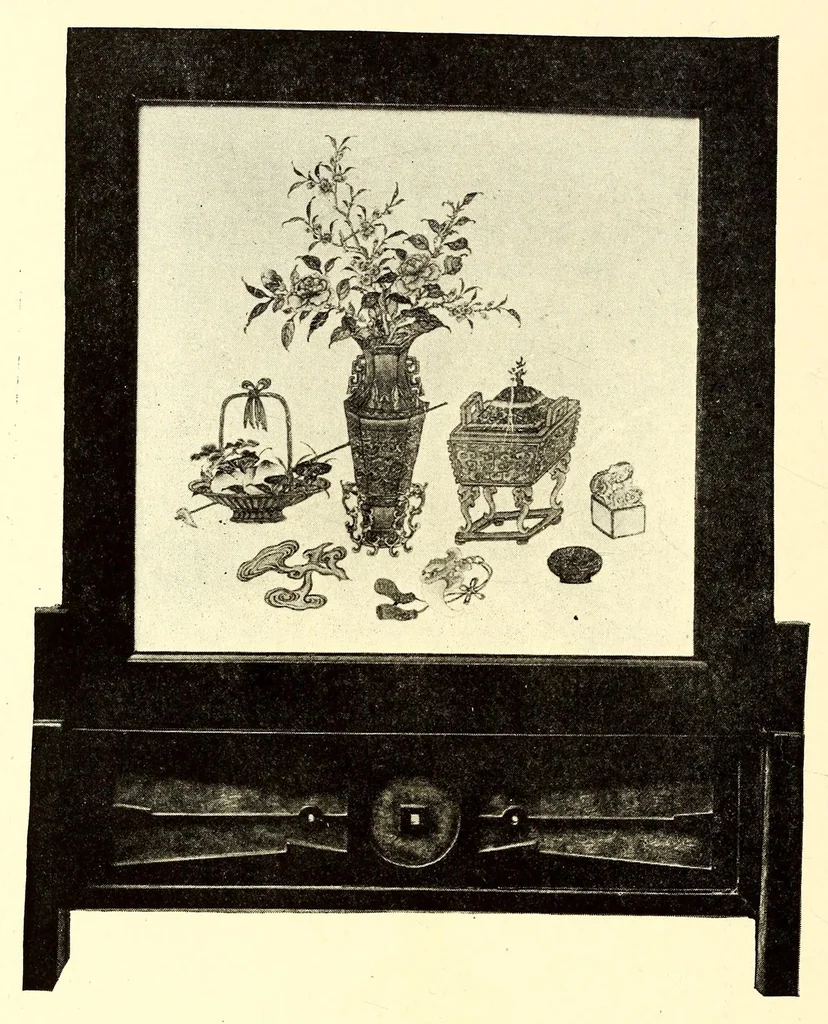 An illustration from Illustrated catalogue of the important collection of antique Chinese porcelains, Sung and Ming potteries, ancient stone sculptures carved jades and other hard stones snuf bottles, Mandarin necklaces, bronzes, enamels, palace furniture and wall panels and a number of rare and fine ancient Chinese paintings of the Sung and Ming periods, 1917, leaf 180