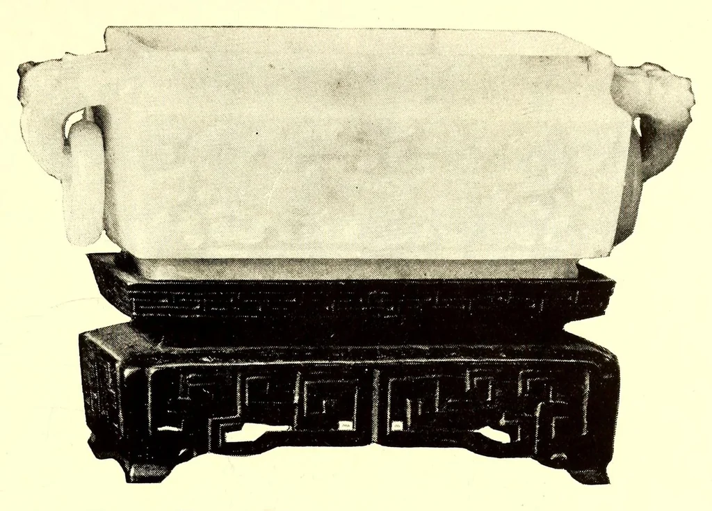 An illustration from Illustrated catalogue of the important collection of antique Chinese porcelains, Sung and Ming potteries, ancient stone sculptures carved jades and other hard stones snuf bottles, Mandarin necklaces, bronzes, enamels, palace furniture and wall panels and a number of rare and fine ancient Chinese paintings of the Sung and Ming periods, 1917, leaf 41