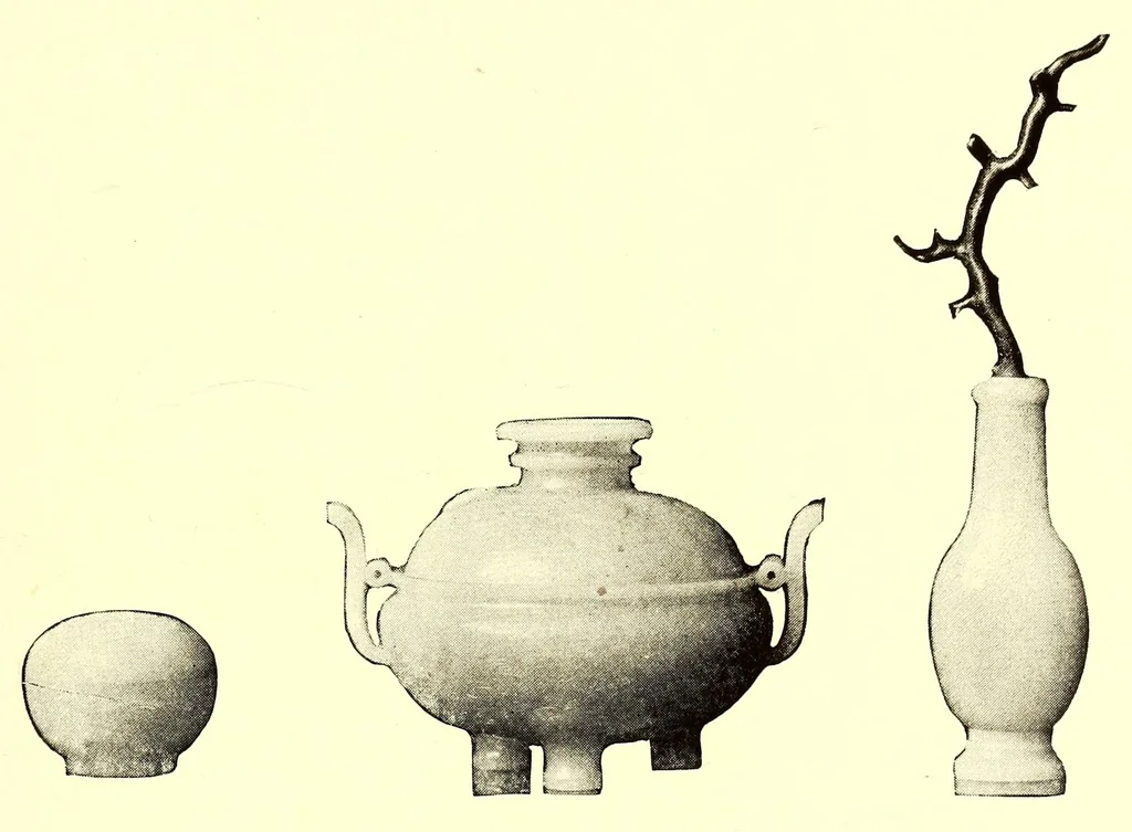 An illustration from Illustrated catalogue of the important collection of antique Chinese porcelains, Sung and Ming potteries, ancient stone sculptures carved jades and other hard stones snuf bottles, Mandarin necklaces, bronzes, enamels, palace furniture and wall panels and a number of rare and fine ancient Chinese paintings of the Sung and Ming periods, 1917, leaf 67