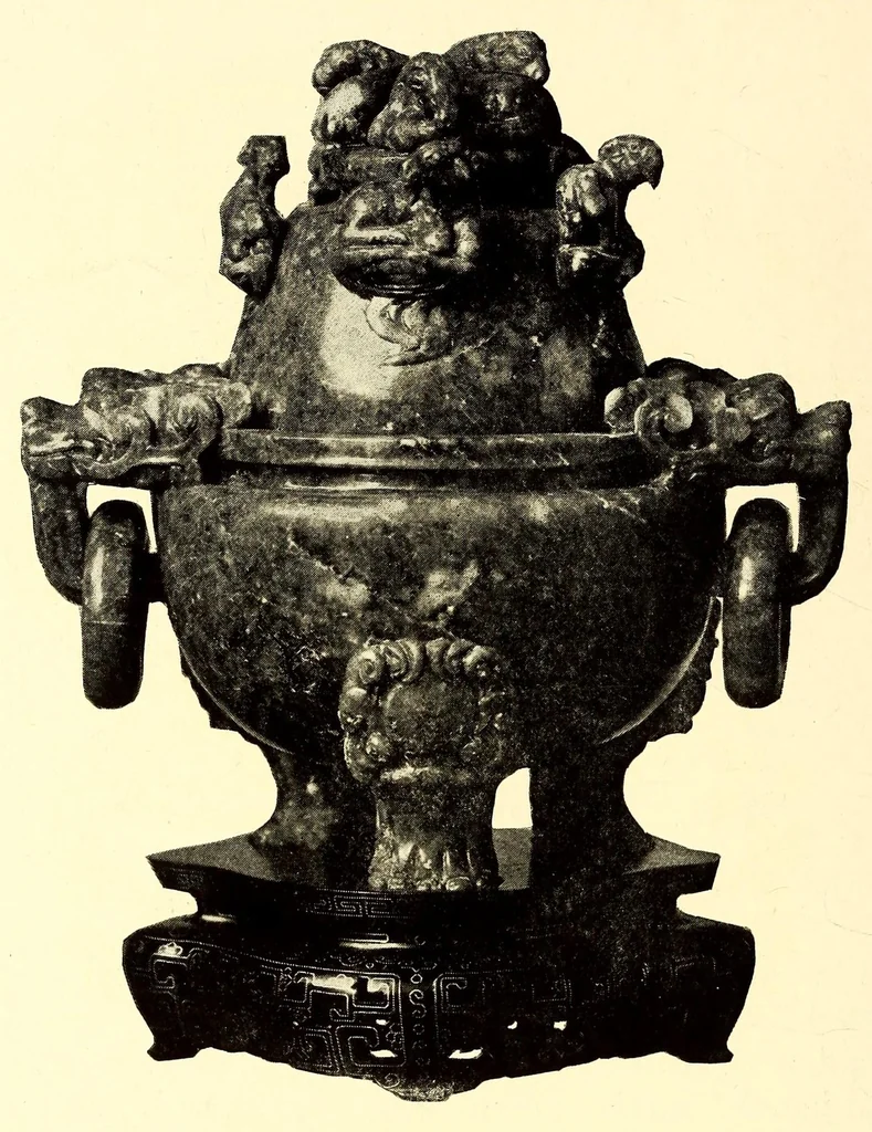 An illustration from Illustrated catalogue of the important collection of antique Chinese porcelains, Sung and Ming potteries, ancient stone sculptures carved jades and other hard stones snuf bottles, Mandarin necklaces, bronzes, enamels, palace furniture and wall panels and a number of rare and fine ancient Chinese paintings of the Sung and Ming periods, 1917, leaf 76