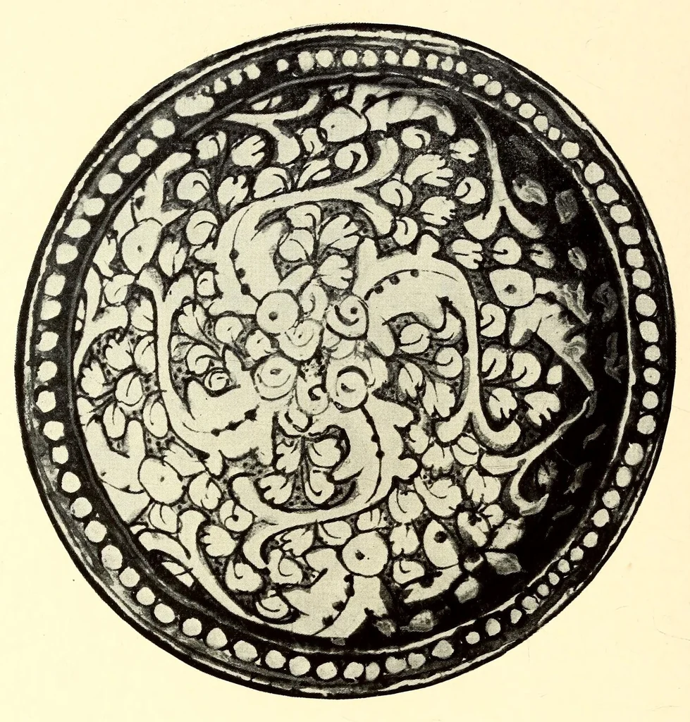 An illustration from Illustrated Catalogue of Graeco-Roman, Rakka, Persian, Hispanomoresque Faiences, Italian Majolicas, Persian and Indian Miniatures and Rugs, Egyptian, ptolemaic, Sidonian, Roman and Arabic Glass, Greek and Roman Bronzes and Other Objects of Rarity : belonging to the Experts Messrs. Kouchakji Freres, New York, 1918, leaf 136