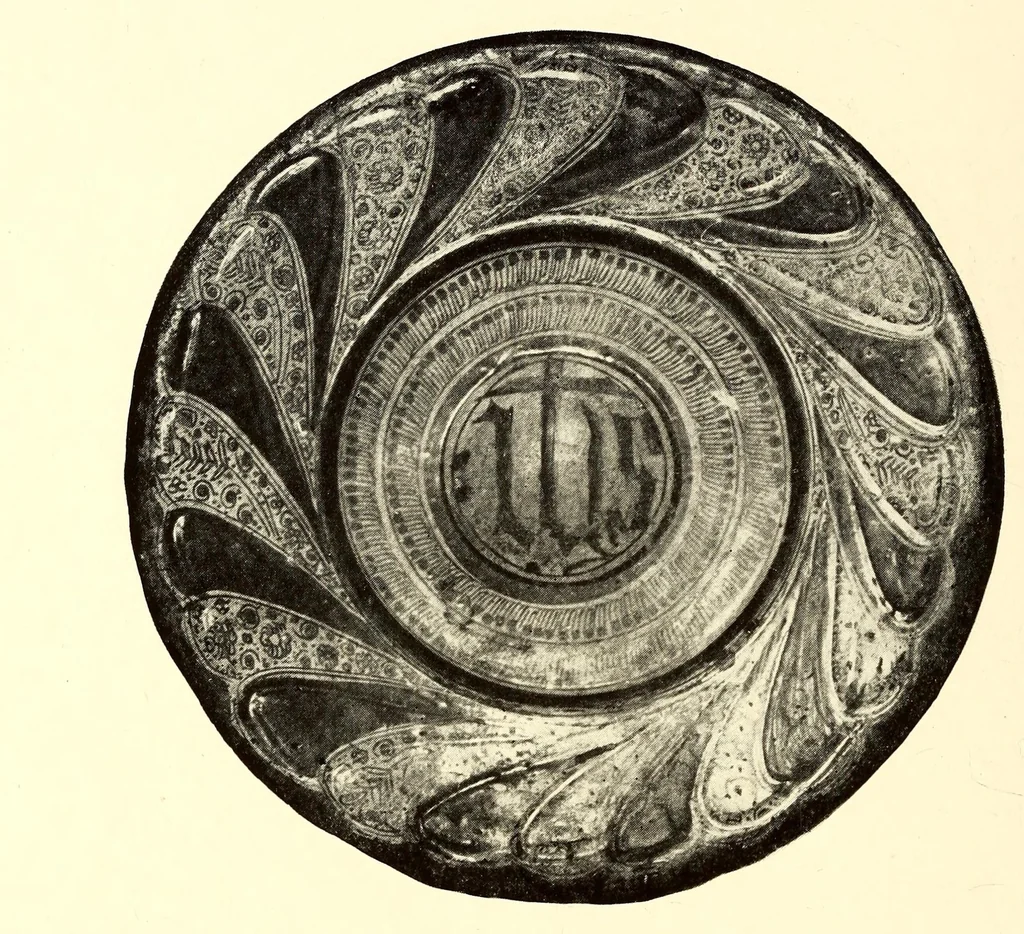 An illustration from Illustrated Catalogue of Graeco-Roman, Rakka, Persian, Hispanomoresque Faiences, Italian Majolicas, Persian and Indian Miniatures and Rugs, Egyptian, ptolemaic, Sidonian, Roman and Arabic Glass, Greek and Roman Bronzes and Other Objects of Rarity : belonging to the Experts Messrs. Kouchakji Freres, New York, 1918, leaf 64