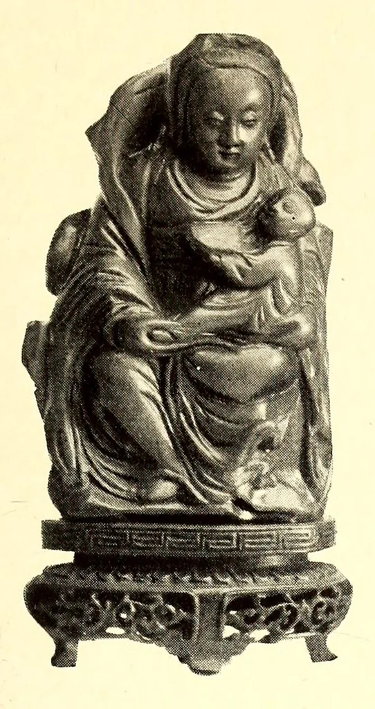 An illustration from Illustrated catalogue of the remarkable collection of ancient Chinese bronzes, beautiful old porcelains, amber and stone carvings sumptuous eighteenth century brocades interesting old paintings on glass and fine old carpets, rugs and furniture, from ancient palaces and temples of China : Comprising the private collection of a Chinese nobleman of Tien-Tsin .., 1914, leaf 33