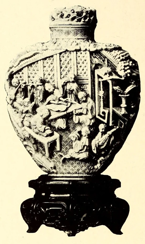 An illustration from Illustrated catalogue of an important collection of antique Chinese porcelains, ancient pottery, fine jades and agates, cloisonne enamels, beautiful snuff bottles, carved rhinoceros horn, bronzes and other objects : formed by Ernest Marsh, J.P. of Haselmore, Surrey, England .., 1916, leaf 18
