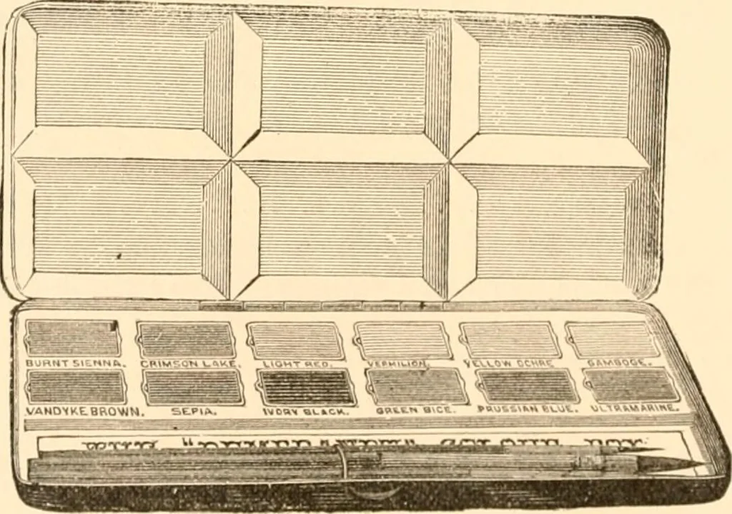 An illustration from Illustrated catalogue and price list of artists' materials, gold points, bronze powders, metallics, metal leaf,, 1897, leaf 125