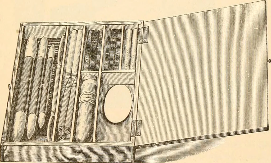 An illustration from Illustrated catalogue and price list of artists' materials, gold points, bronze powders, metallics, metal leaf,, 1897, leaf 136