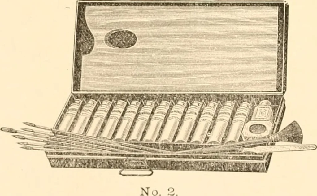 An illustration from Illustrated catalogue and price list of artists' materials, gold points, bronze powders, metallics, metal leaf,, 1897, leaf 97