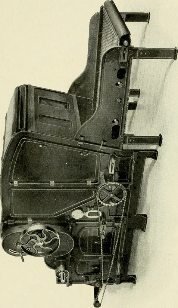 An illustration from Illustrated catalogue of cotton machinery built by Howard & Bullough American Machine Company, Ltd., Pawtucket, R.I., U.S.A. : opening, picking, carding, drawing, roving, spinning, twisting and winding machinery : warpers and slashers : containing also floor spaces, speeds, productions, gearing diagrams, useful tables and other information, 1909, leaf 13