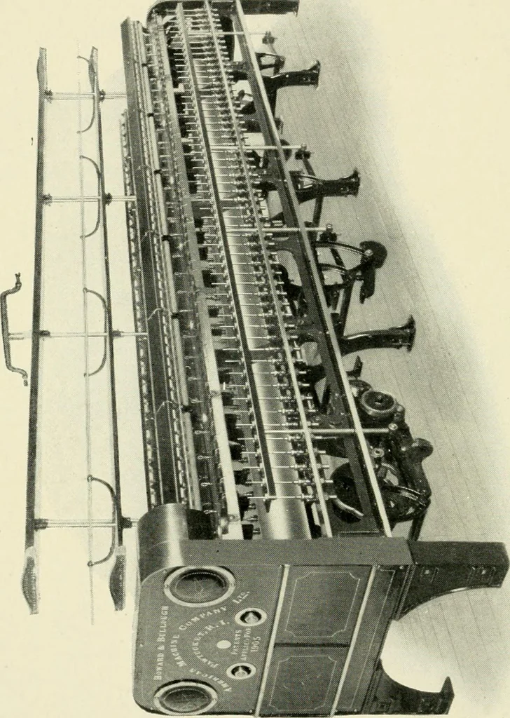 An illustration from Illustrated catalogue of cotton machinery built by Howard & Bullough American Machine Company, Ltd., Pawtucket, R.I., U.S.A. : opening, picking, carding, drawing, roving, spinning, twisting and winding machinery : warpers and slashers : containing also floor spaces, speeds, productions, gearing diagrams, useful tables and other information, 1909, leaf 145