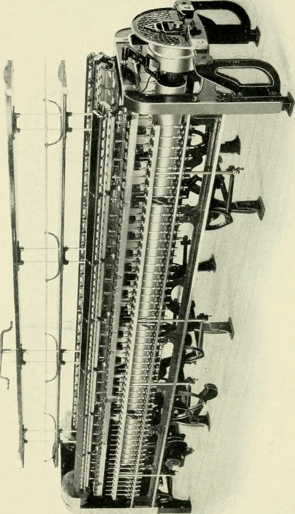An illustration from Illustrated catalogue of cotton machinery built by Howard & Bullough American Machine Company, Ltd., Pawtucket, R.I., U.S.A. : opening, picking, carding, drawing, roving, spinning, twisting and winding machinery : warpers and slashers : containing also floor spaces, speeds, productions, gearing diagrams, useful tables and other information, 1909, leaf 149