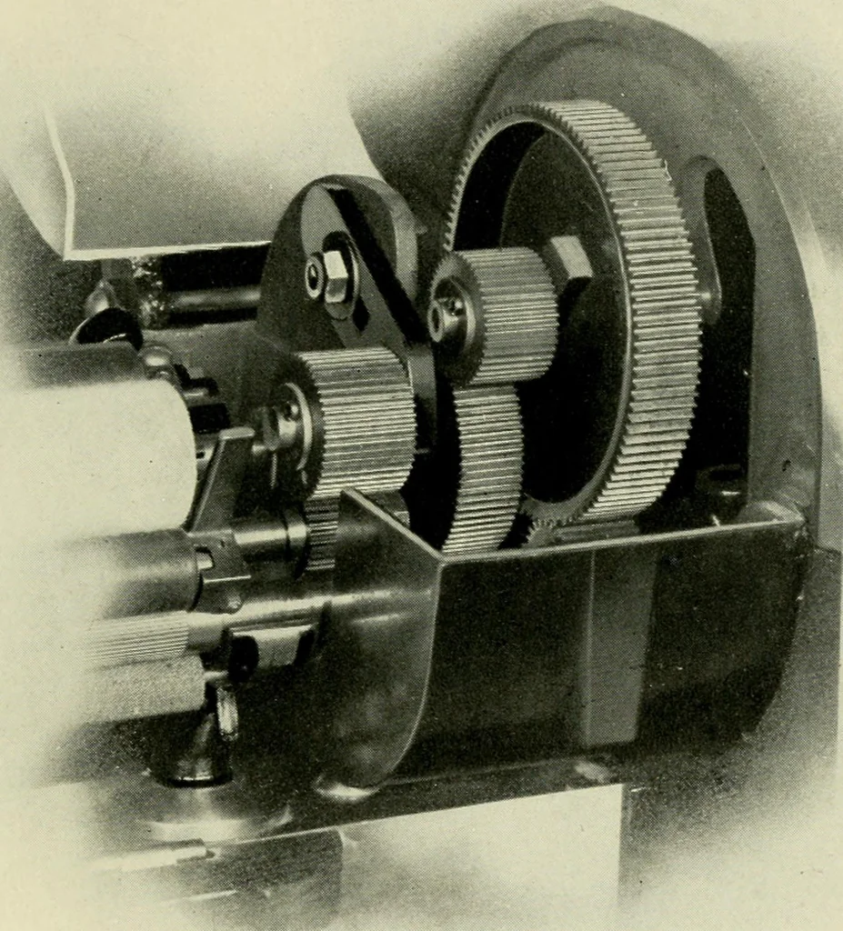 An illustration from Illustrated catalogue of cotton machinery built by Howard & Bullough American Machine Company, Ltd., Pawtucket, R.I., U.S.A. : opening, picking, carding, drawing, roving, spinning, twisting and winding machinery : warpers and slashers : containing also floor spaces, speeds, productions, gearing diagrams, useful tables and other information, 1909, leaf 154