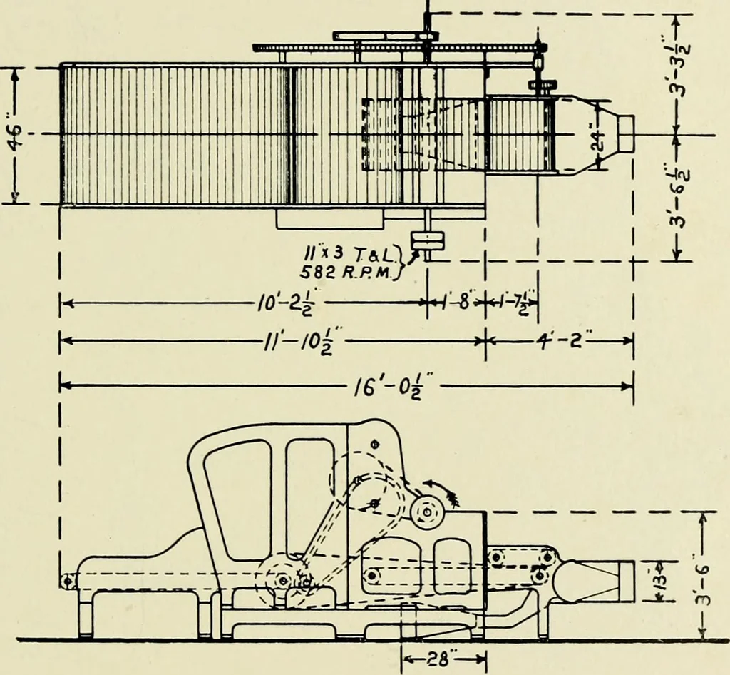 An illustration from Illustrated catalogue of cotton machinery built by Howard & Bullough American Machine Company, Ltd., Pawtucket, R.I., U.S.A. : opening, picking, carding, drawing, roving, spinning, twisting and winding machinery : warpers and slashers : containing also floor spaces, speeds, productions, gearing diagrams, useful tables and other information, 1909, leaf 18
