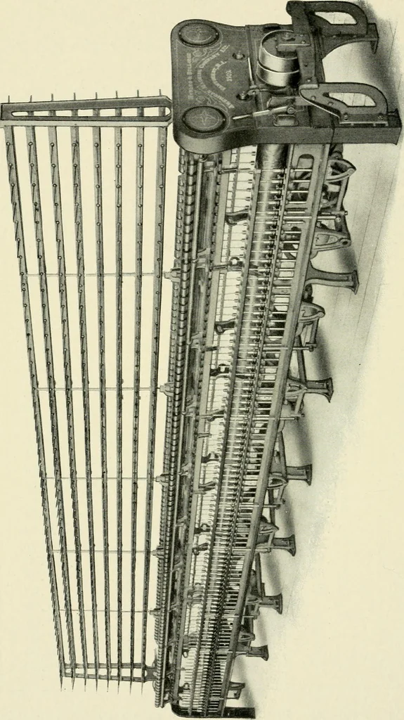 An illustration from Illustrated catalogue of cotton machinery built by Howard & Bullough American Machine Company, Ltd., Pawtucket, R.I., U.S.A. : opening, picking, carding, drawing, roving, spinning, twisting and winding machinery : warpers and slashers : containing also floor spaces, speeds, productions, gearing diagrams, useful tables and other information, 1909, leaf 193