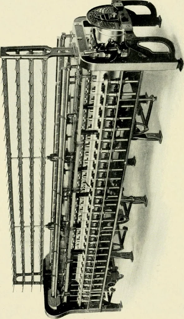 An illustration from Illustrated catalogue of cotton machinery built by Howard & Bullough American Machine Company, Ltd., Pawtucket, R.I., U.S.A. : opening, picking, carding, drawing, roving, spinning, twisting and winding machinery : warpers and slashers : containing also floor spaces, speeds, productions, gearing diagrams, useful tables and other information, 1909, leaf 199