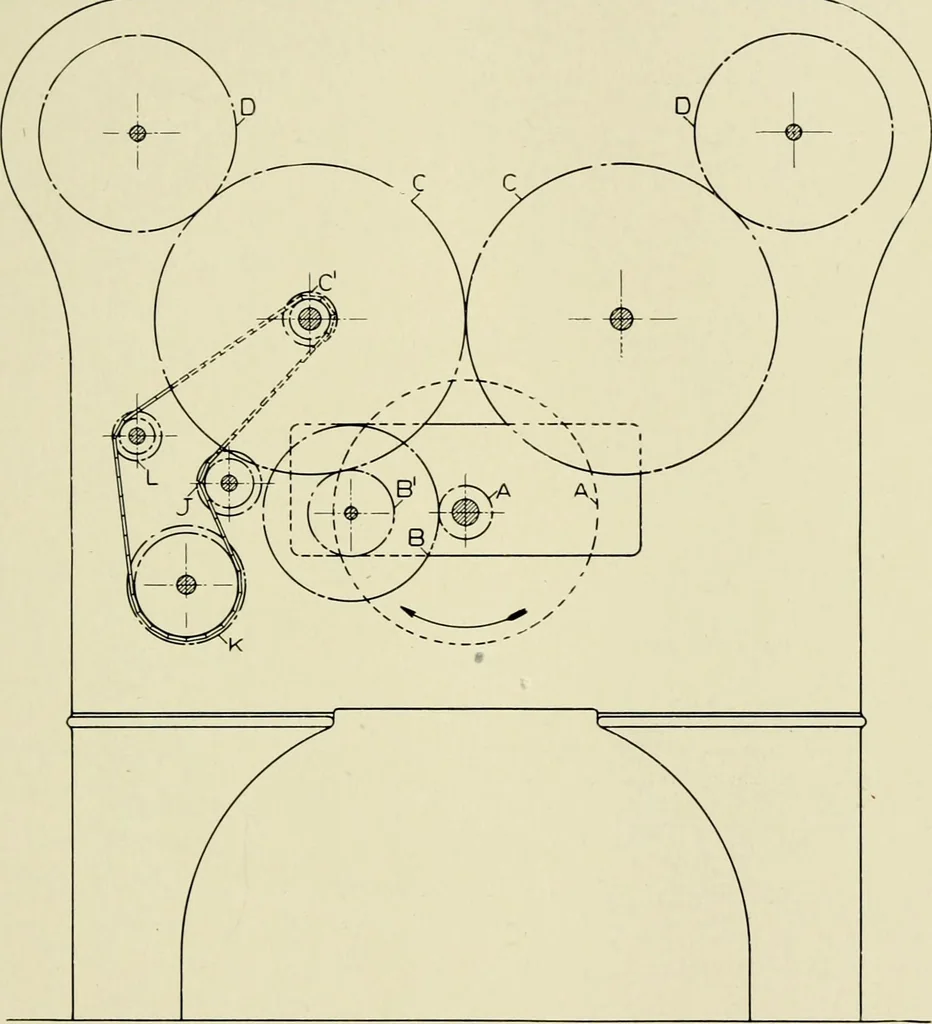 An illustration from Illustrated catalogue of cotton machinery built by Howard & Bullough American Machine Company, Ltd., Pawtucket, R.I., U.S.A. : opening, picking, carding, drawing, roving, spinning, twisting and winding machinery : warpers and slashers : containing also floor spaces, speeds, productions, gearing diagrams, useful tables and other information, 1909, leaf 208
